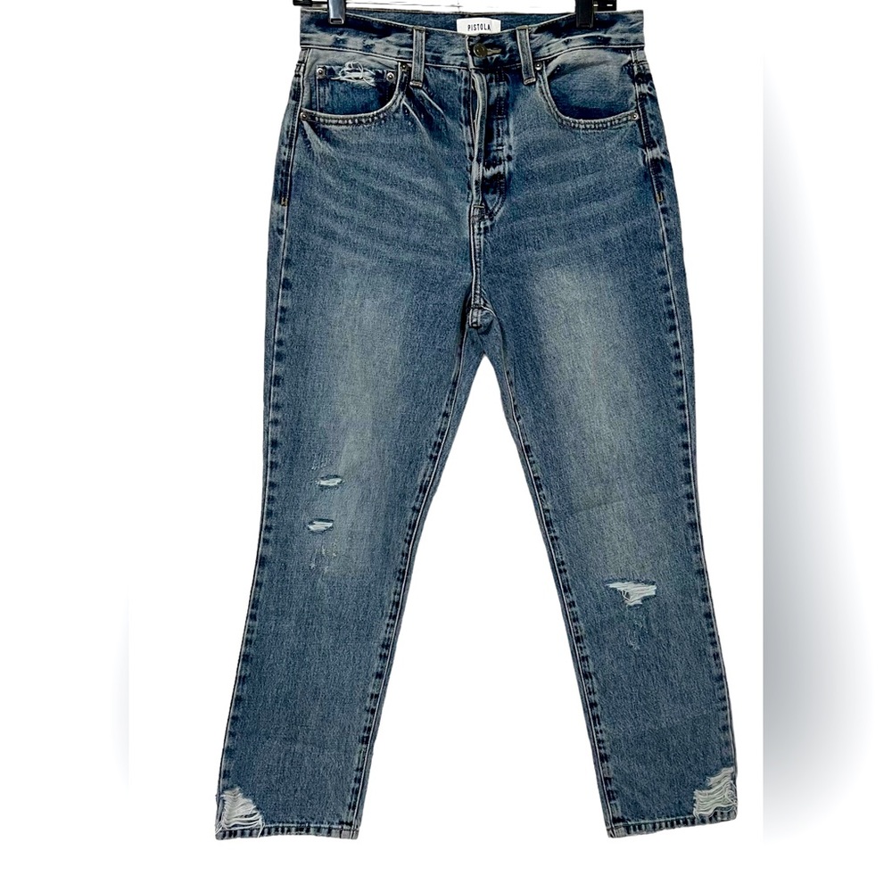 Pistola blue distressed Skinny buttons closure jean size 28